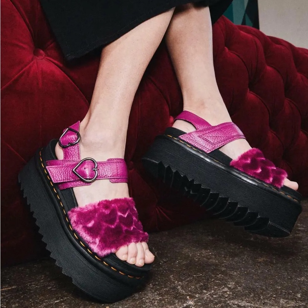 Dr. Martens Voss Quad Fluffy Faux Fur Pink Heart Platform Sandals
